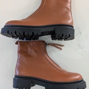 STAUD Miles Zip Ankle Combat Boots Womens 37 7 Sequoia Brown Leather Front Zip